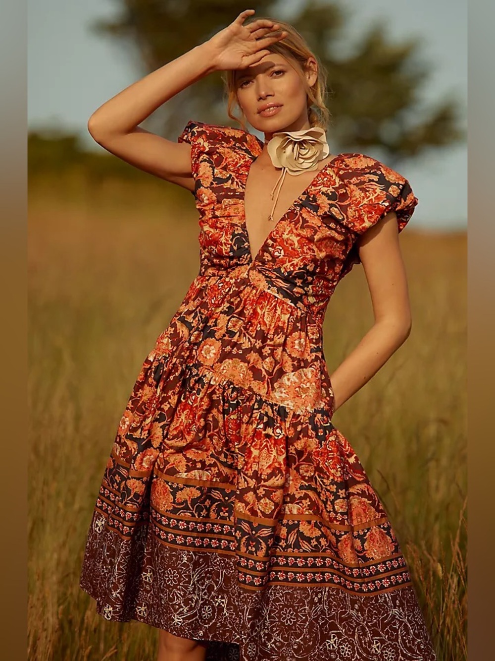Anthropologie V Neck Babydoll Midi Dress Size 4 Flutter Voluminous Shoulders Tie